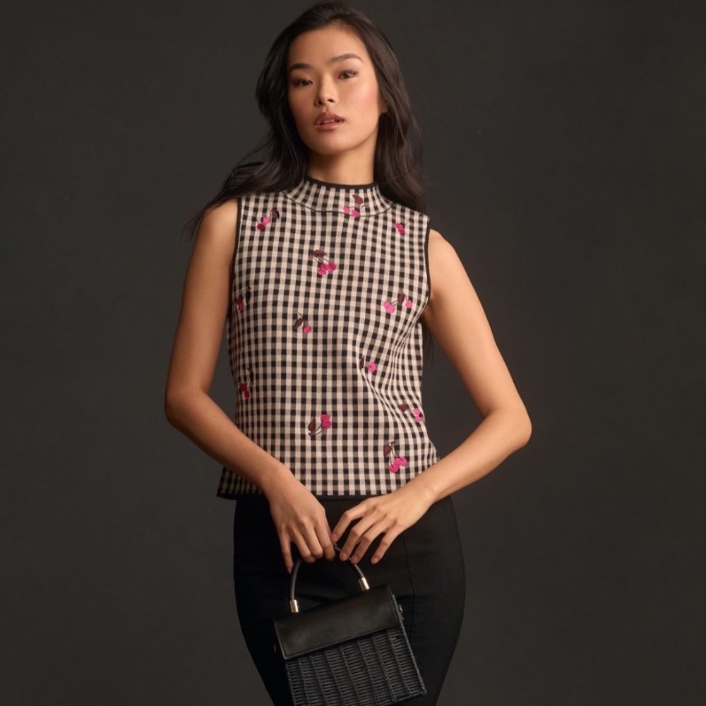 Maeve Anthropologie Gingham Check Embroidered Cherry Mock Neck Sleeveless Top M